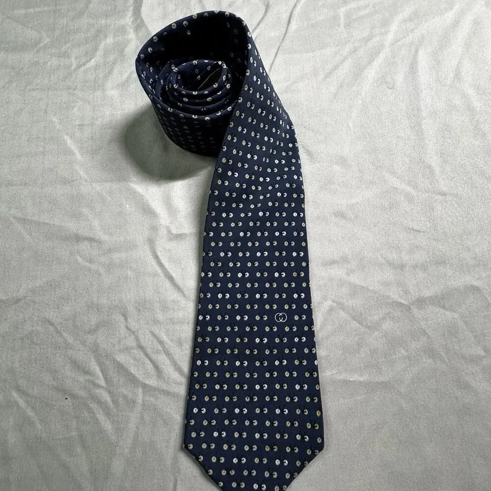 Gucci Tie Vintage Navy Blue With Cream Accents Tiny Bicycle Pattern Silk *damage
